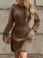 Brown Cable-Knit Crew Neck Mini Dress