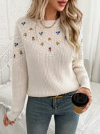White Floral Embroidered Knit Sweater