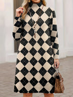 Black & Beige Argyle Turtleneck Knit Dress