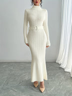White Cable-Knit Turtleneck Midi Dress with Belt