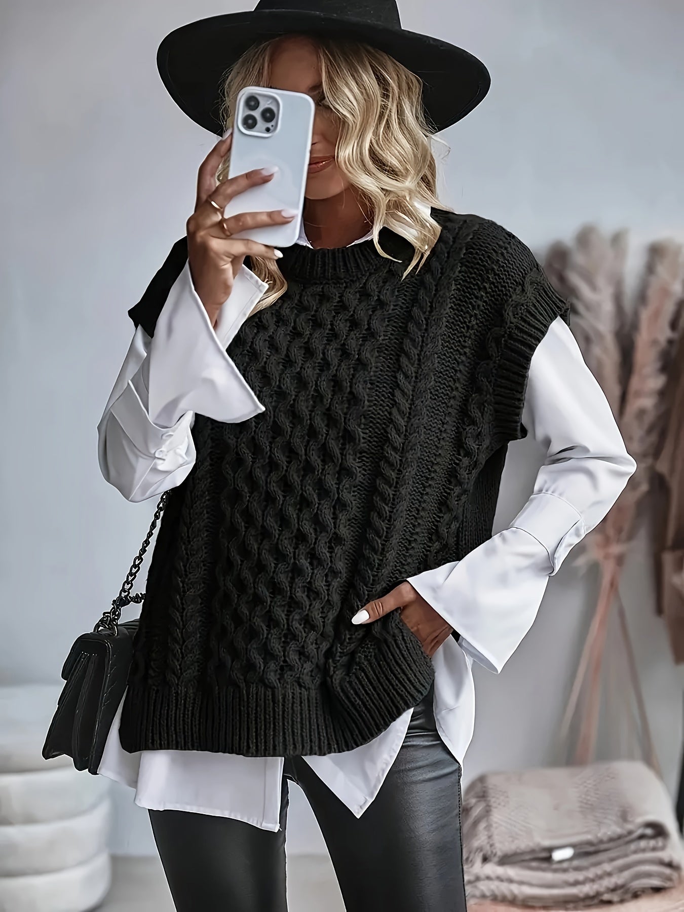 Black Cable-Knit Sleeveless Sweater Vest