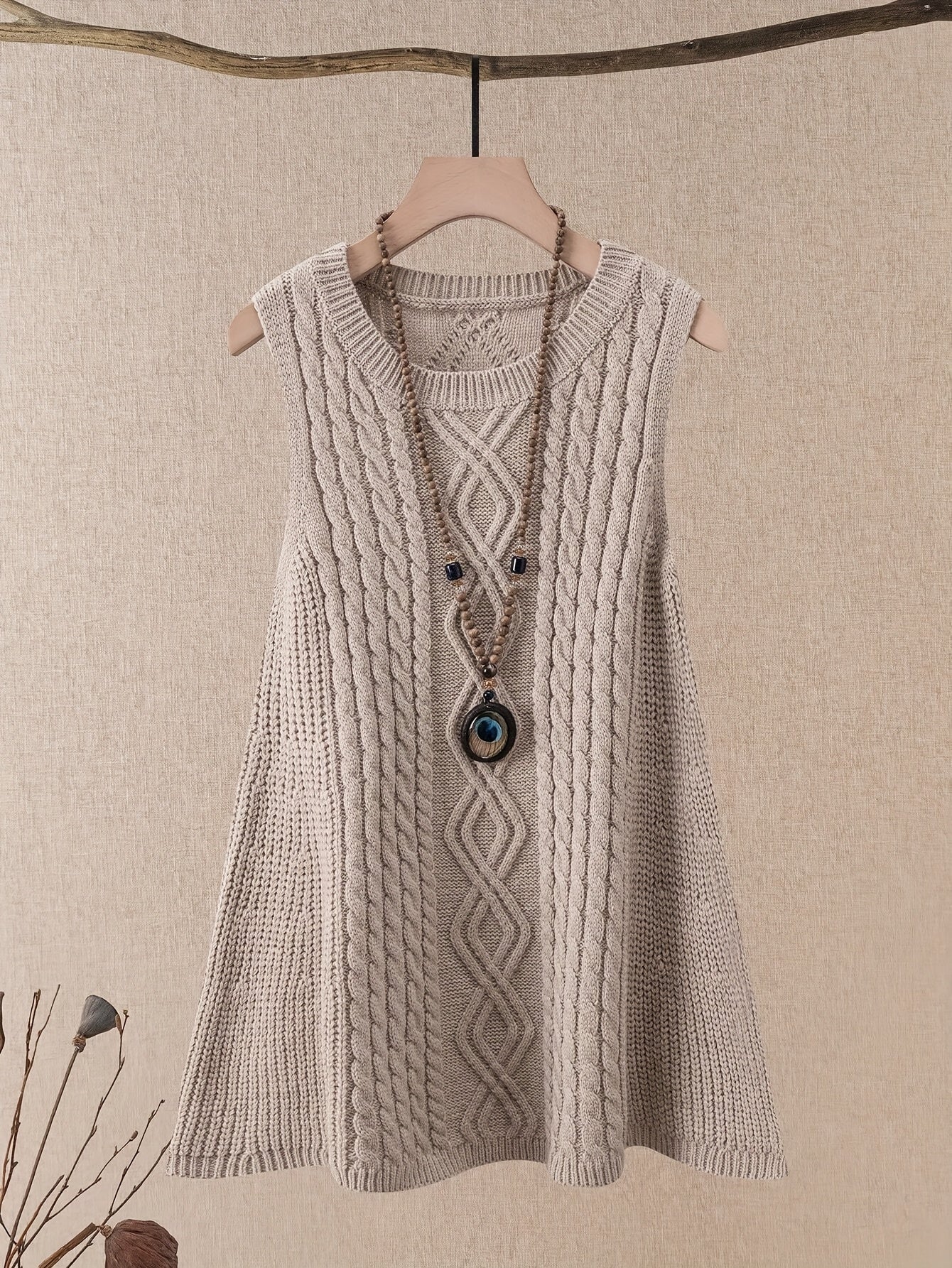 Beige Cable-Knit Sleeveless Tunic Vest