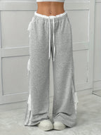 Gray Wide-Leg Pants with White Lace Trim