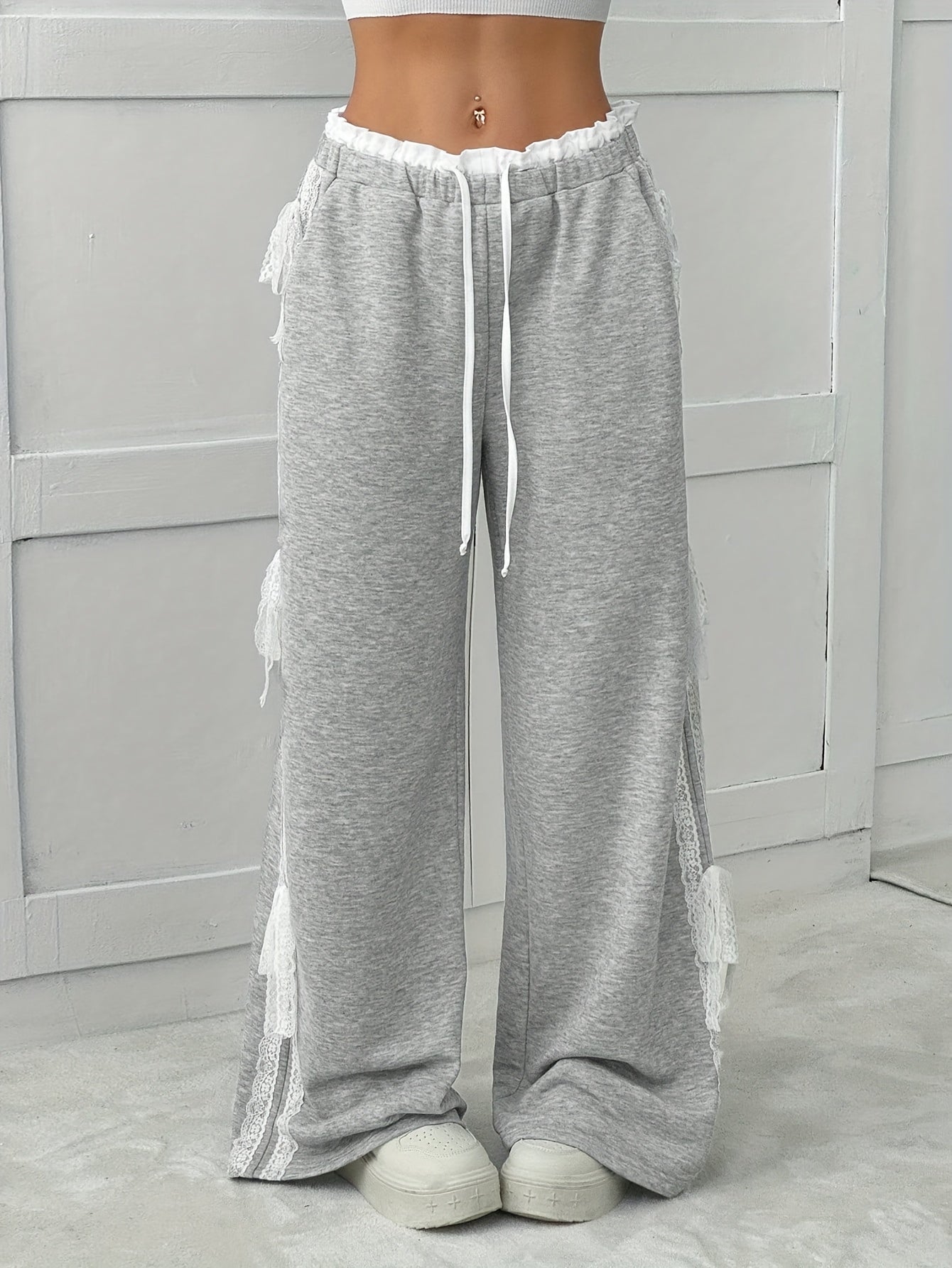 Gray Wide-Leg Pants with White Lace Trim