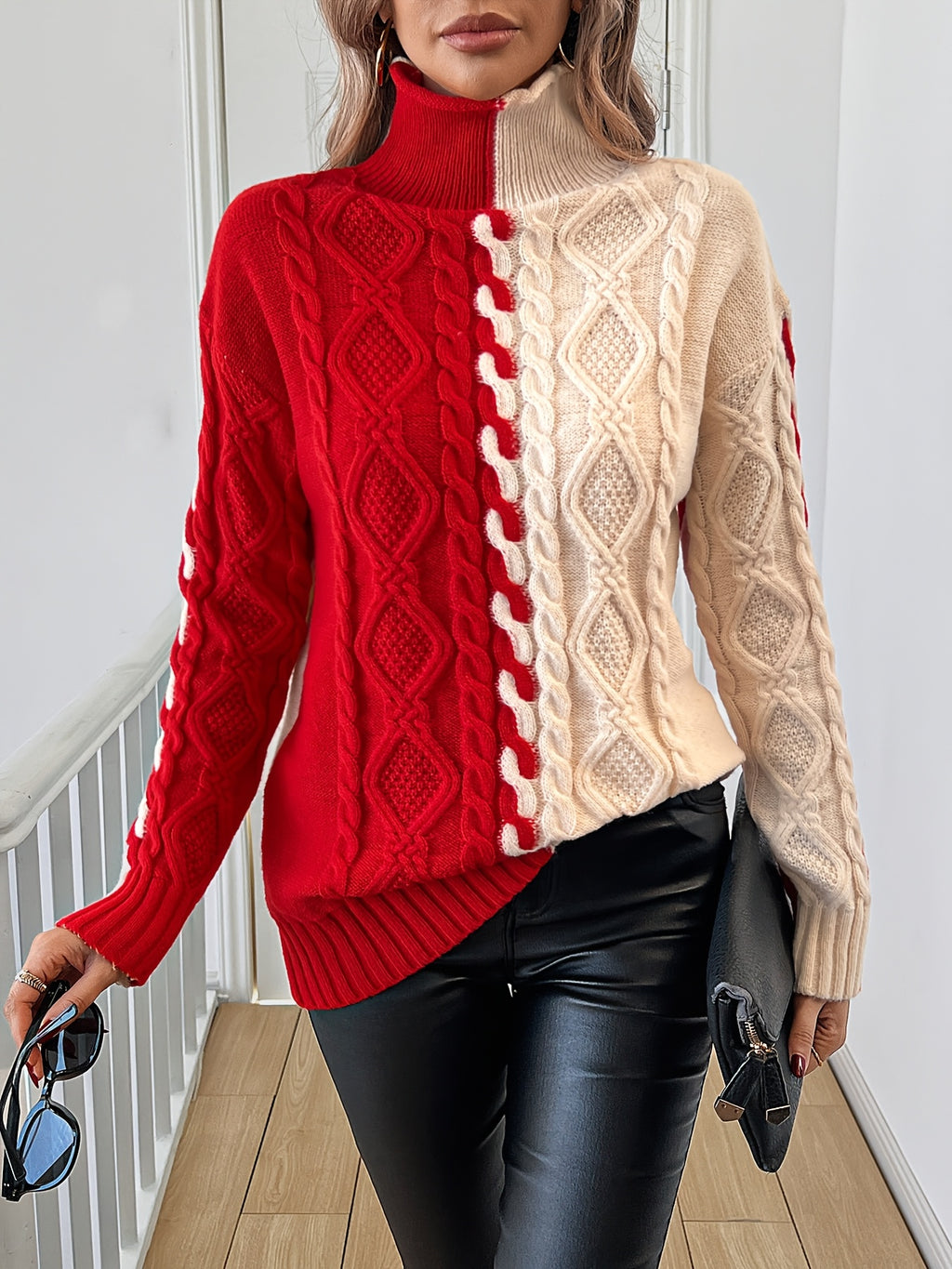 Red & Cream Colorblock Cable-Knit Turtleneck Sweater