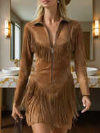 Brown Faux Suede Fringe Mini Dress