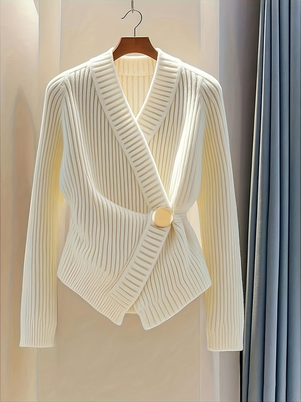 Cream Ribbed Wrap Knit Cardigan with Gold Button