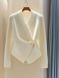 Cream Ribbed Wrap Knit Cardigan with Gold Button