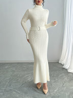 White Cable-Knit Turtleneck Midi Dress with Belt
