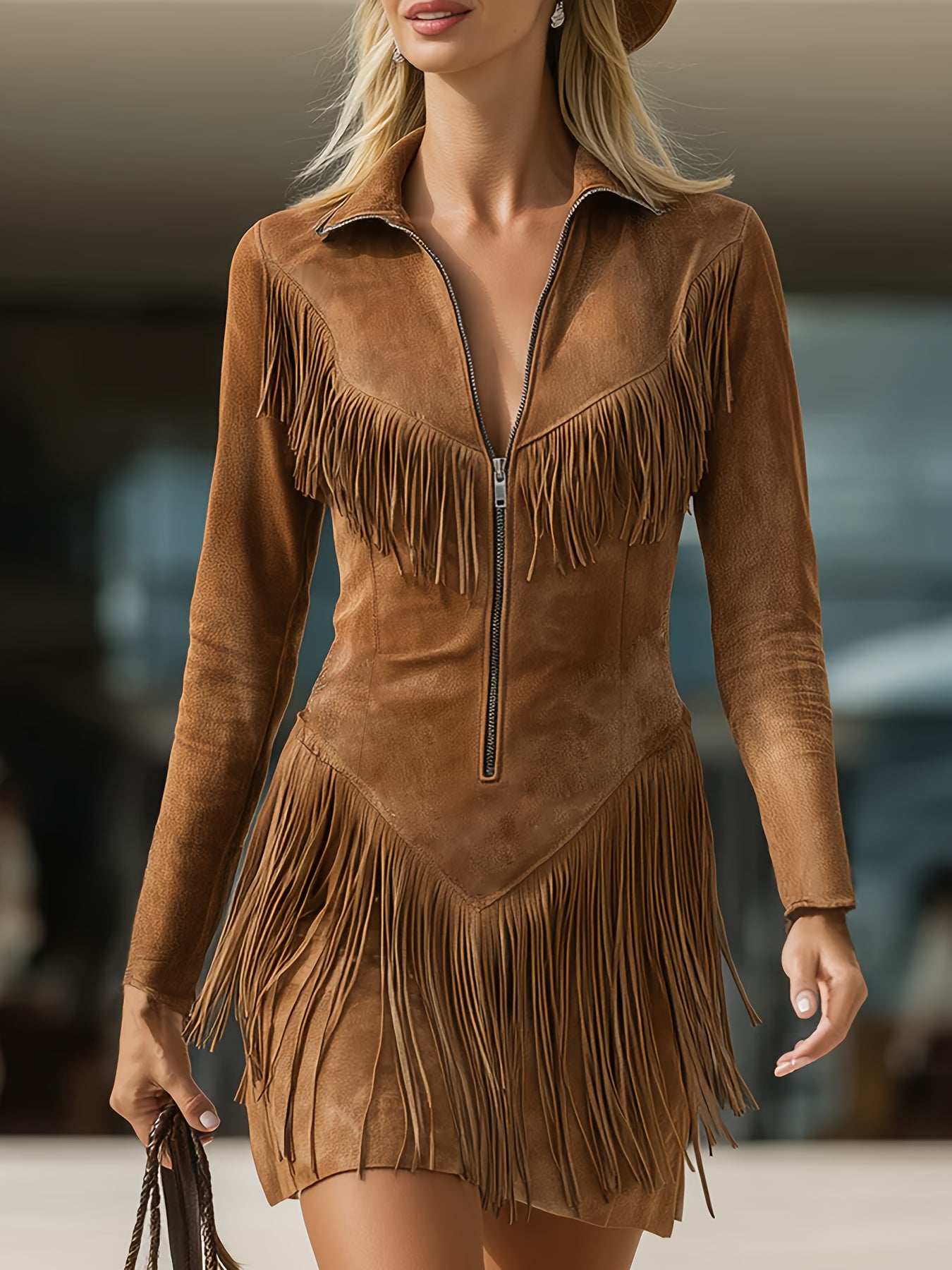 Brown Faux Suede Fringe Mini Dress