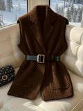 Brown Ribbed Knit Sleeveless Vest with Belt