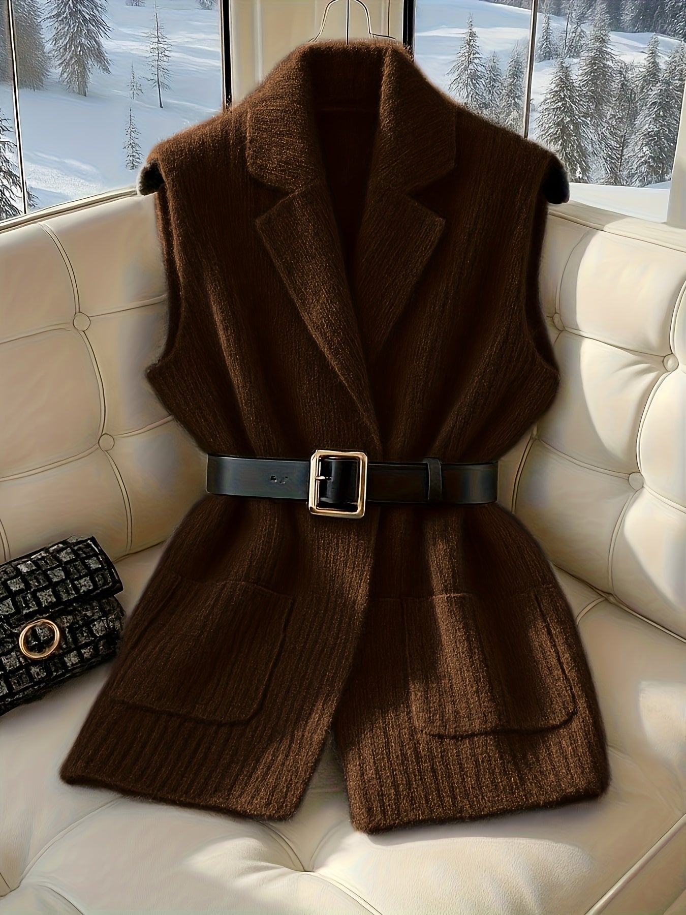 Brown Ribbed Knit Sleeveless Vest with Belt