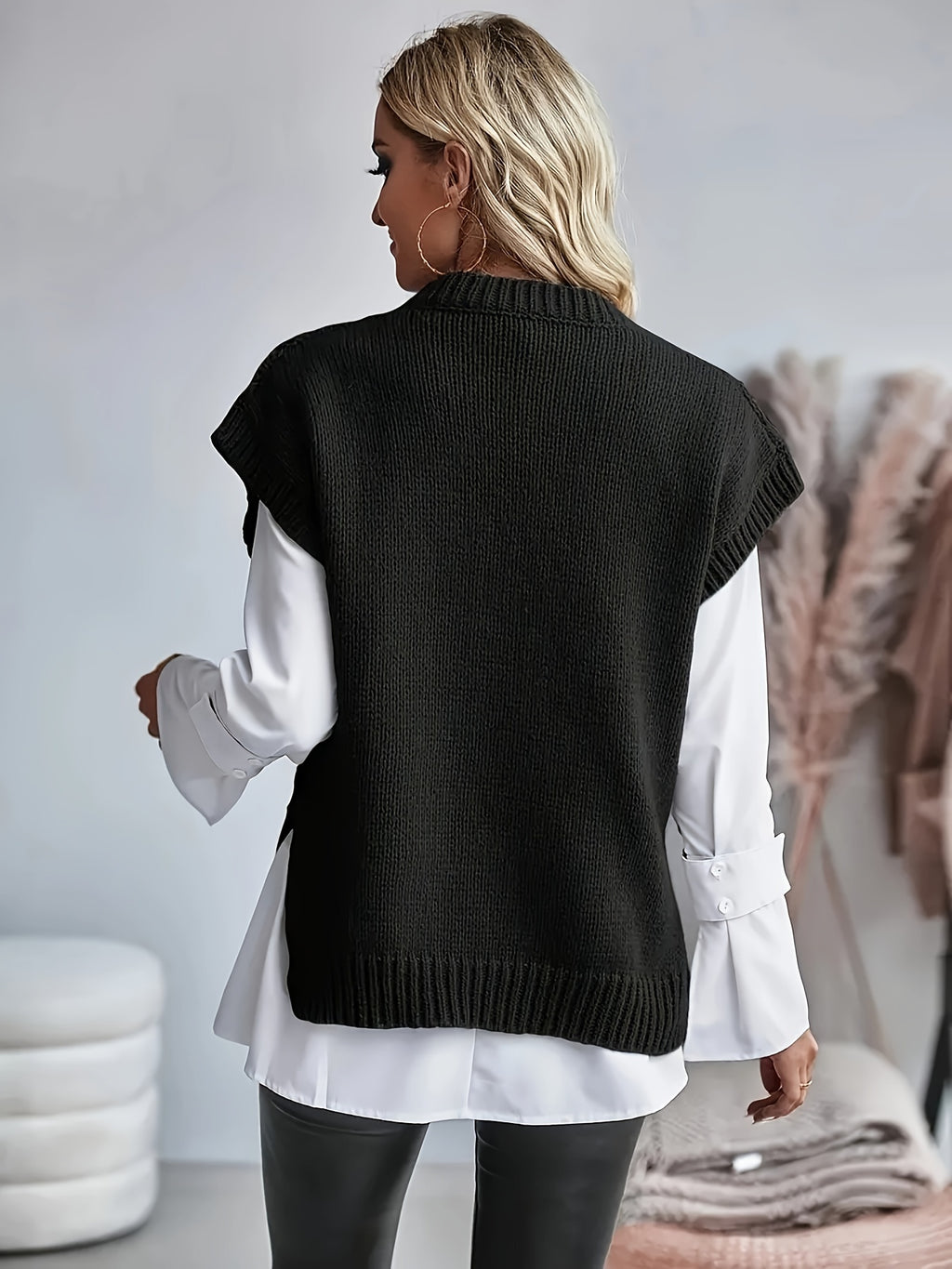 Black Cable-Knit Sleeveless Sweater Vest