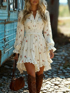 Cream Floral Print Ruffled Mini Dress