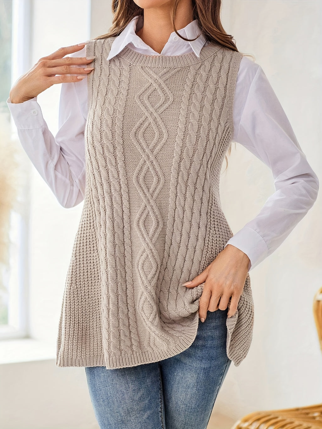 Beige Cable-Knit Sleeveless Tunic Vest