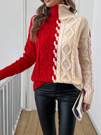 Red & Cream Colorblock Cable-Knit Turtleneck Sweater
