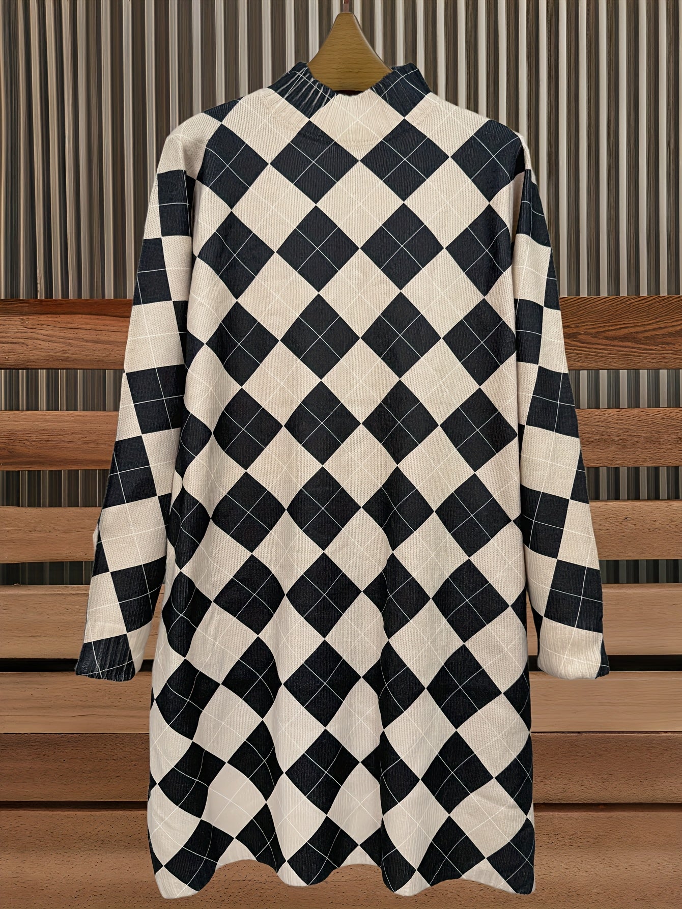 Black & Beige Argyle Turtleneck Knit Dress
