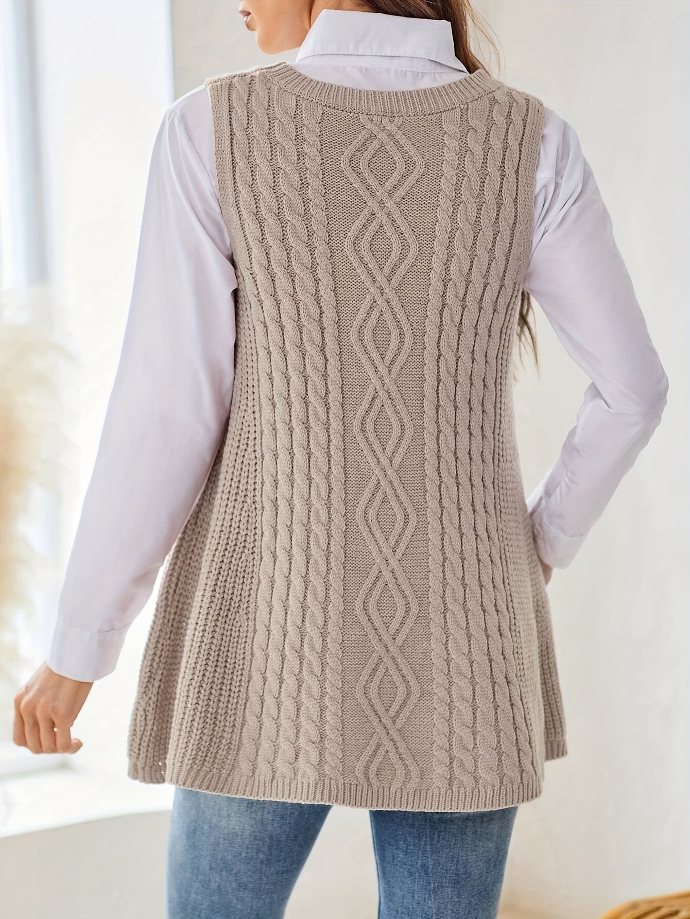 Beige Cable-Knit Sleeveless Tunic Vest