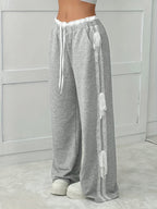 Gray Wide-Leg Pants with White Lace Trim