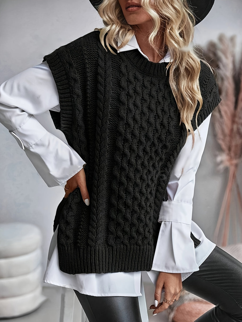 Black Cable-Knit Sleeveless Sweater Vest