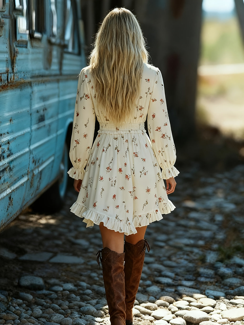 Cream Floral Print Ruffled Mini Dress