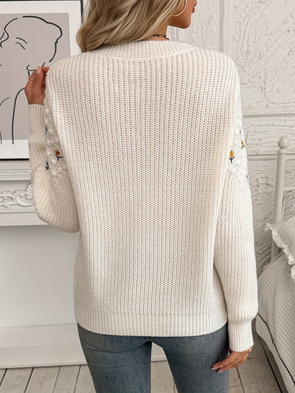 White Floral Embroidered Knit Sweater