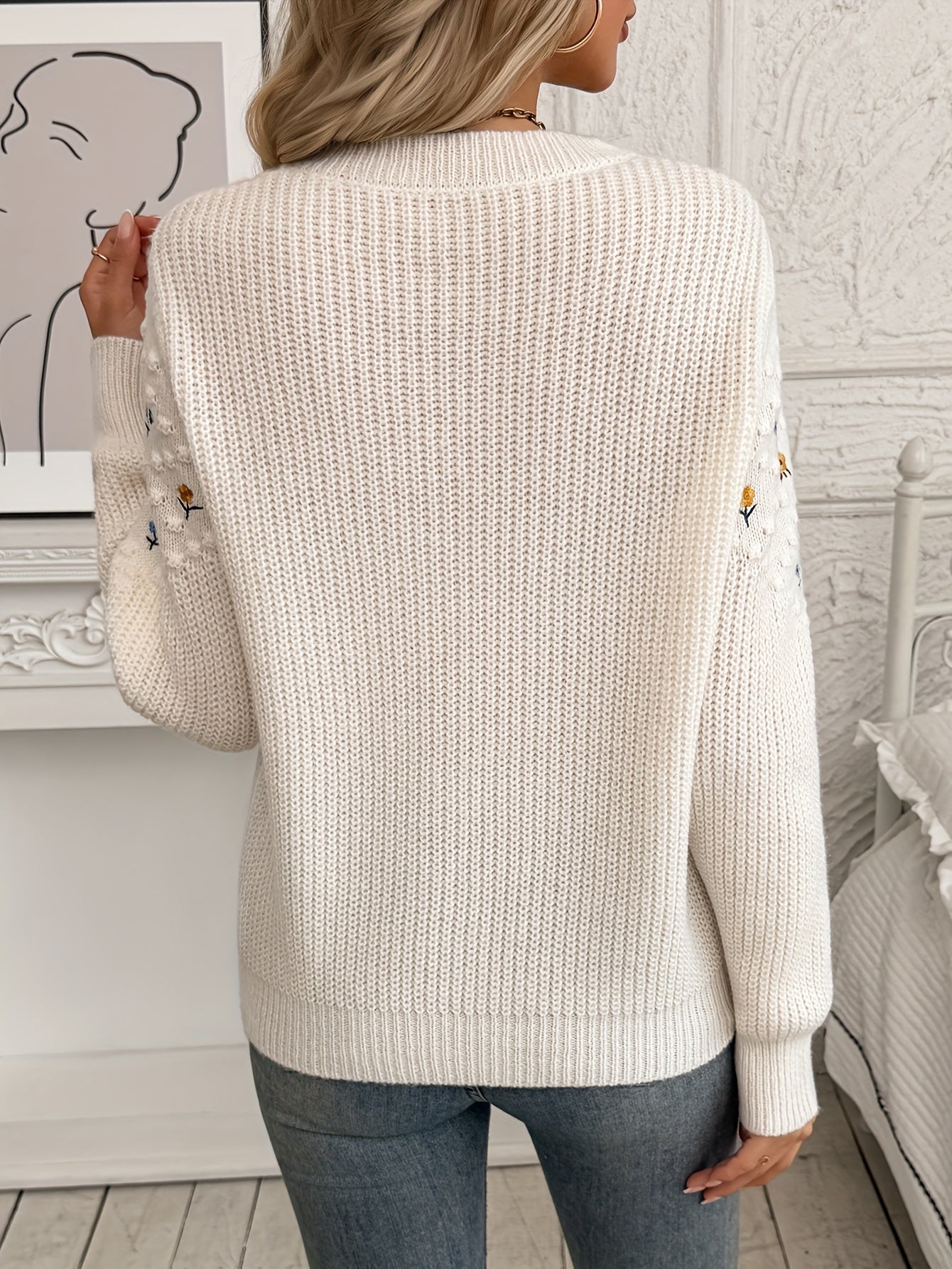 White Floral Embroidered Knit Sweater