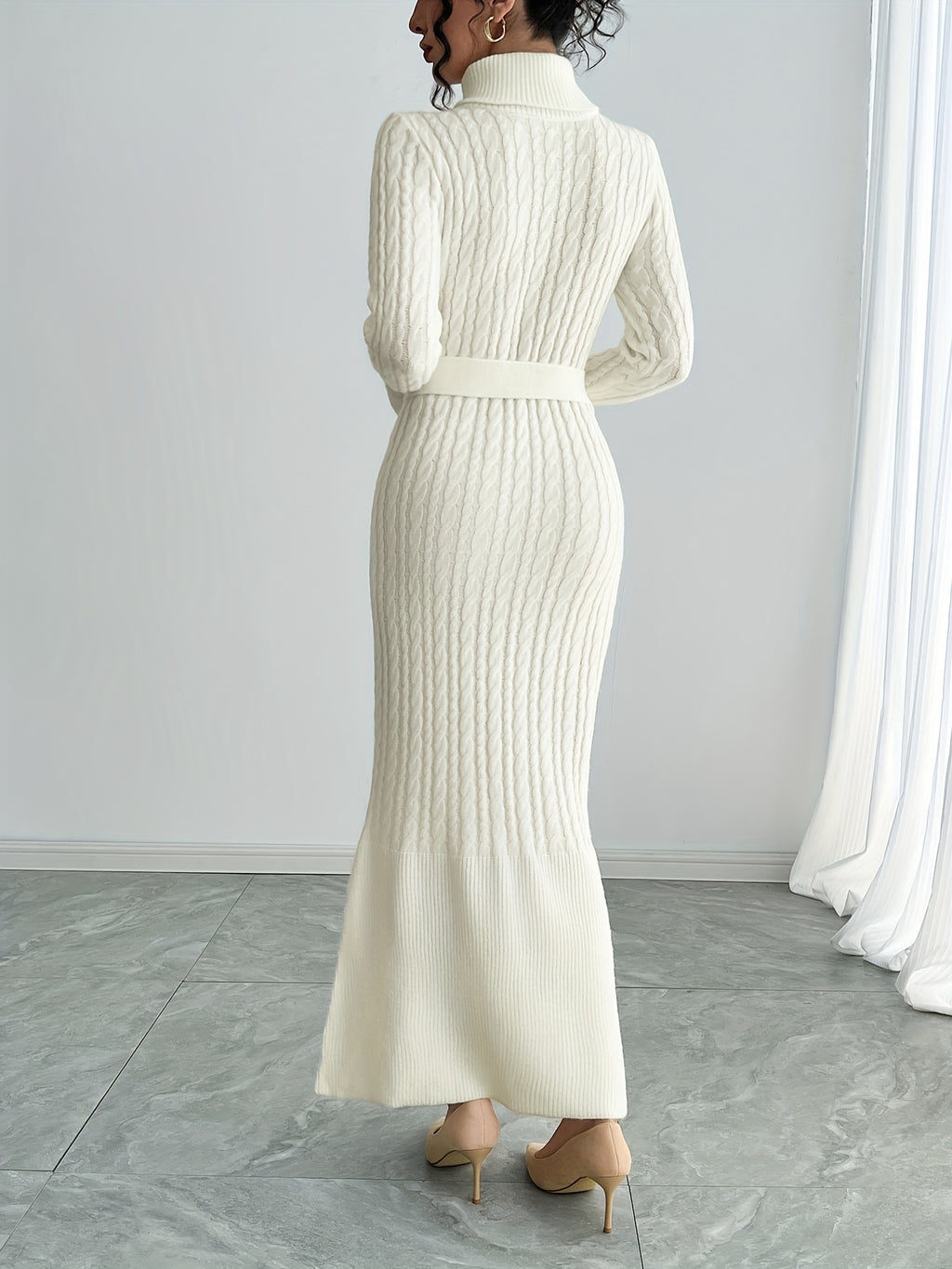 White Cable-Knit Turtleneck Midi Dress with Belt