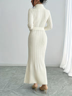 White Cable-Knit Turtleneck Midi Dress with Belt
