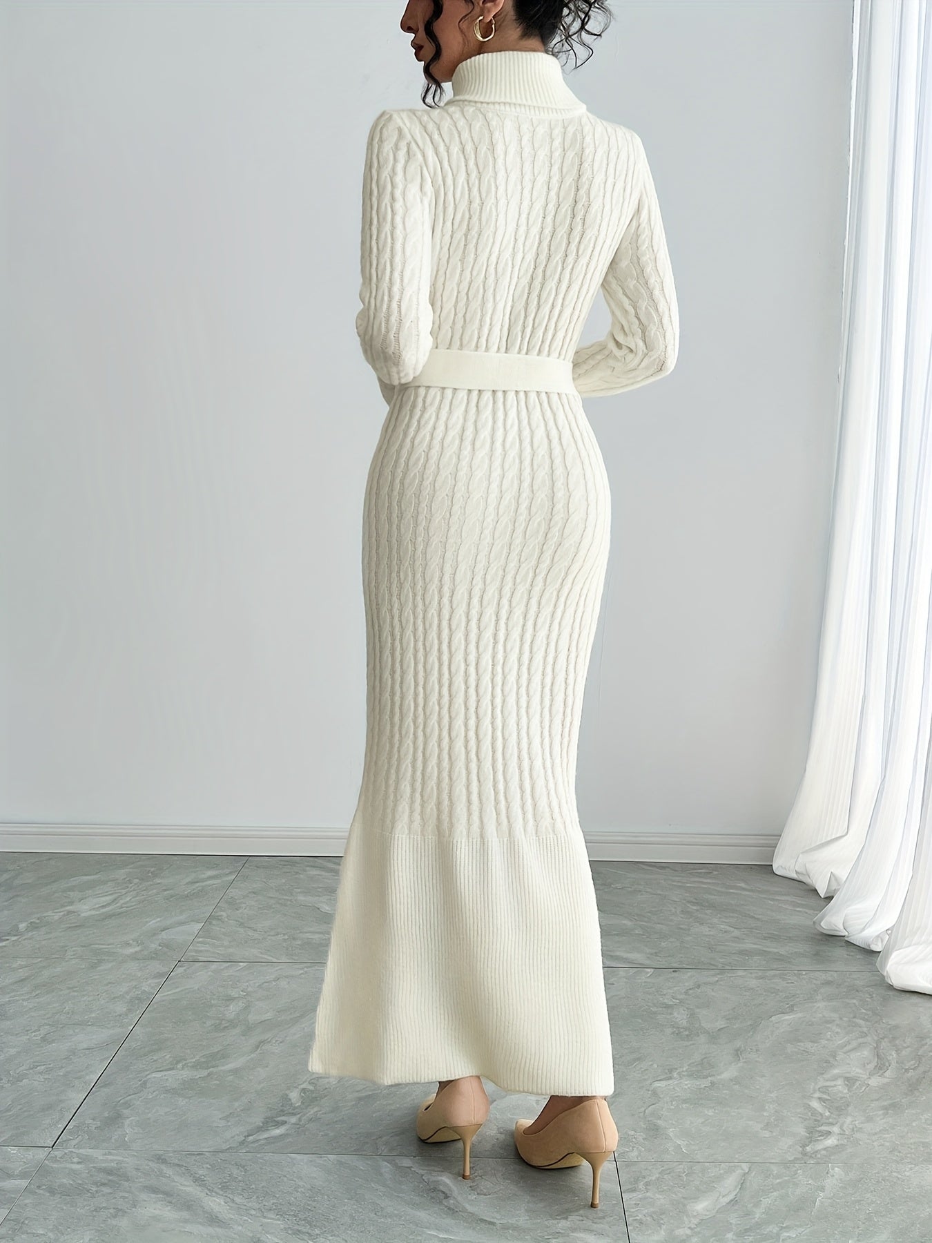 White Cable-Knit Turtleneck Midi Dress with Belt