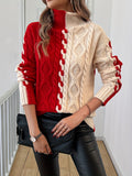 Red & Cream Colorblock Cable-Knit Turtleneck Sweater