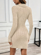 Beige Cable-Knit Wrap Sweater Dress