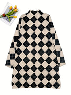 Black & Beige Argyle Turtleneck Knit Dress