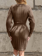Brown Cable-Knit Crew Neck Mini Dress