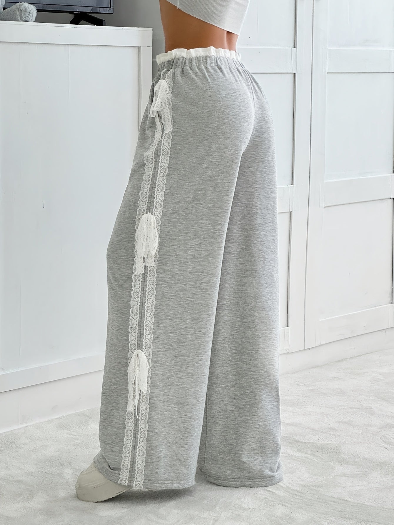 Gray Wide-Leg Pants with White Lace Trim