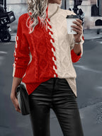 Red & Cream Colorblock Cable-Knit Turtleneck Sweater