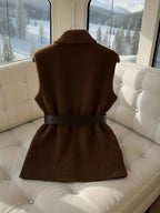 Brown Ribbed Knit Sleeveless Vest with Belt