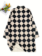 Black & Beige Argyle Turtleneck Knit Dress