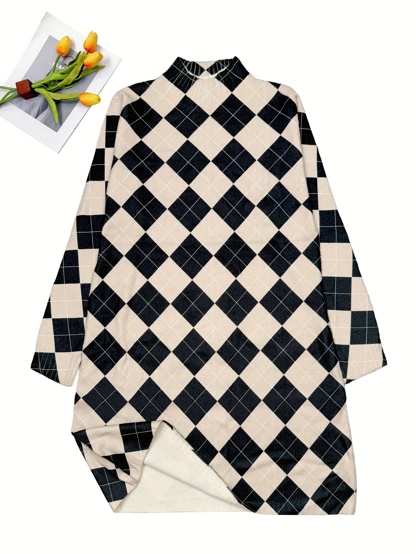 Black & Beige Argyle Turtleneck Knit Dress