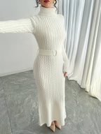 White Cable-Knit Turtleneck Midi Dress with Belt