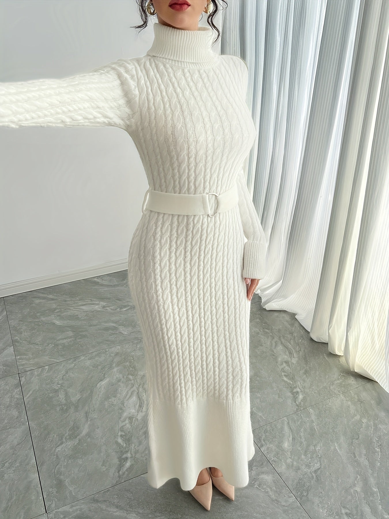 White Cable-Knit Turtleneck Midi Dress with Belt