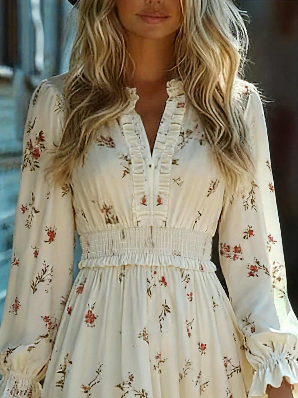 Cream Floral Print Ruffled Mini Dress