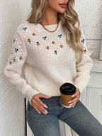 White Floral Embroidered Knit Sweater