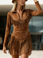 Brown Faux Suede Fringe Mini Dress
