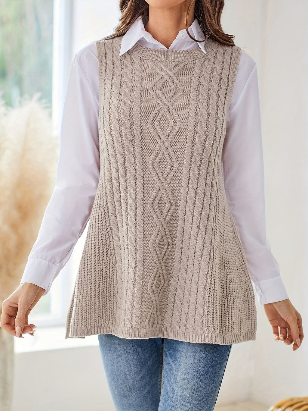 Beige Cable-Knit Sleeveless Tunic Vest