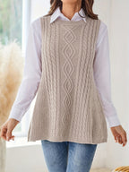 Beige Cable-Knit Sleeveless Tunic Vest