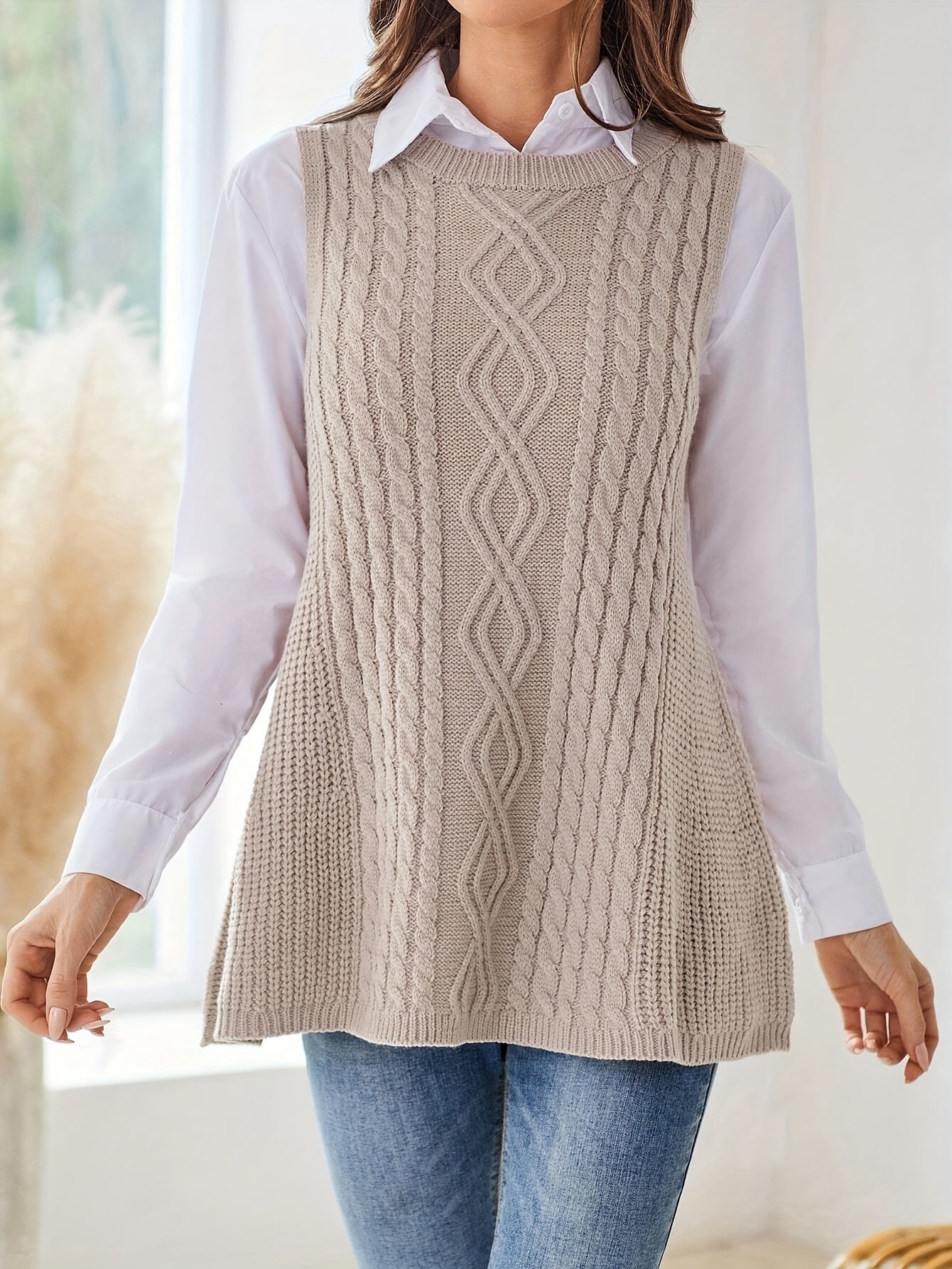 Beige Cable-Knit Sleeveless Tunic Vest