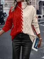 Red & Cream Colorblock Cable-Knit Turtleneck Sweater
