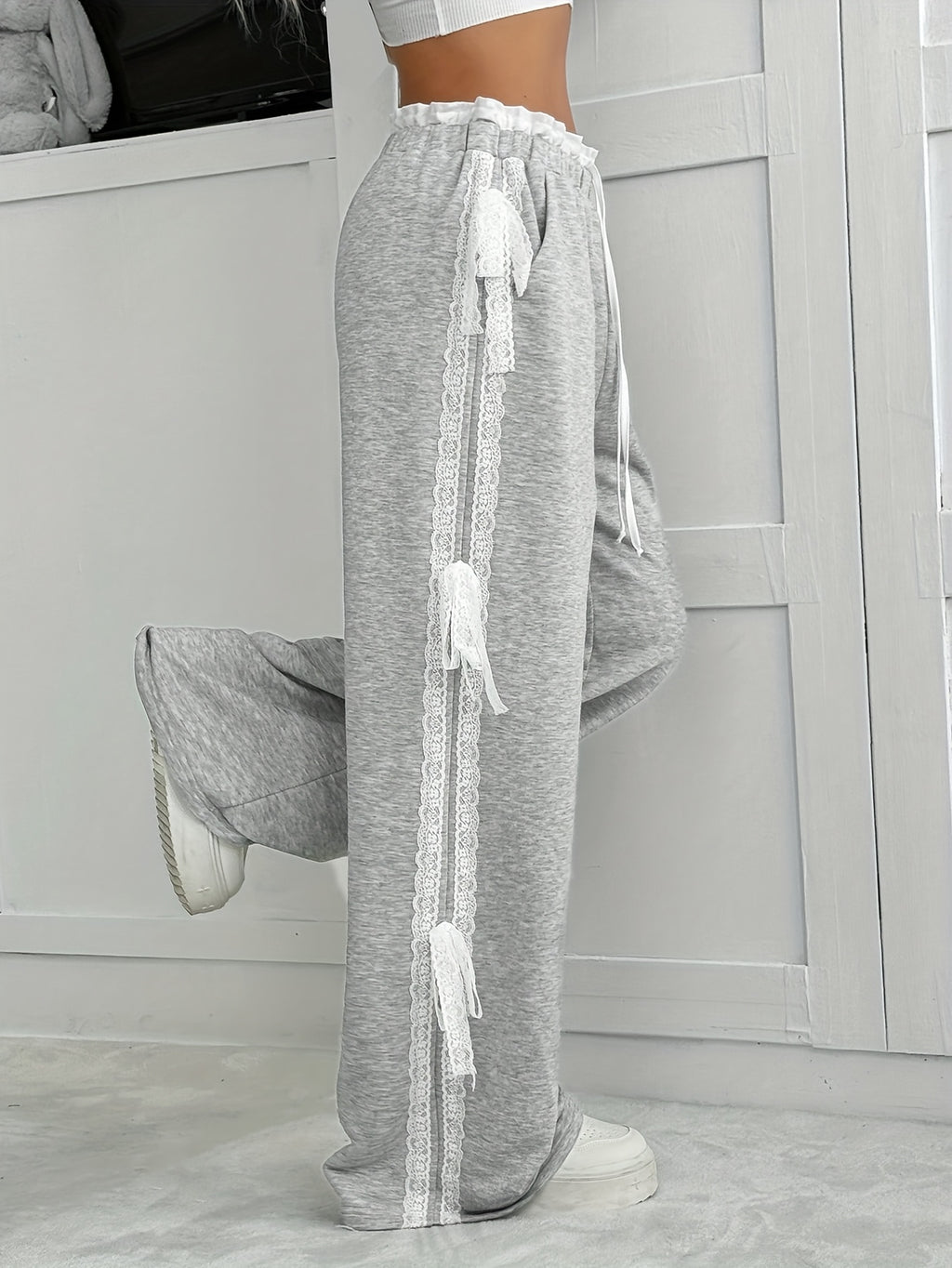 Gray Wide-Leg Pants with White Lace Trim
