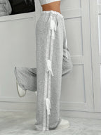 Gray Wide-Leg Pants with White Lace Trim